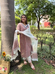 onion pink floral handblock full suit set