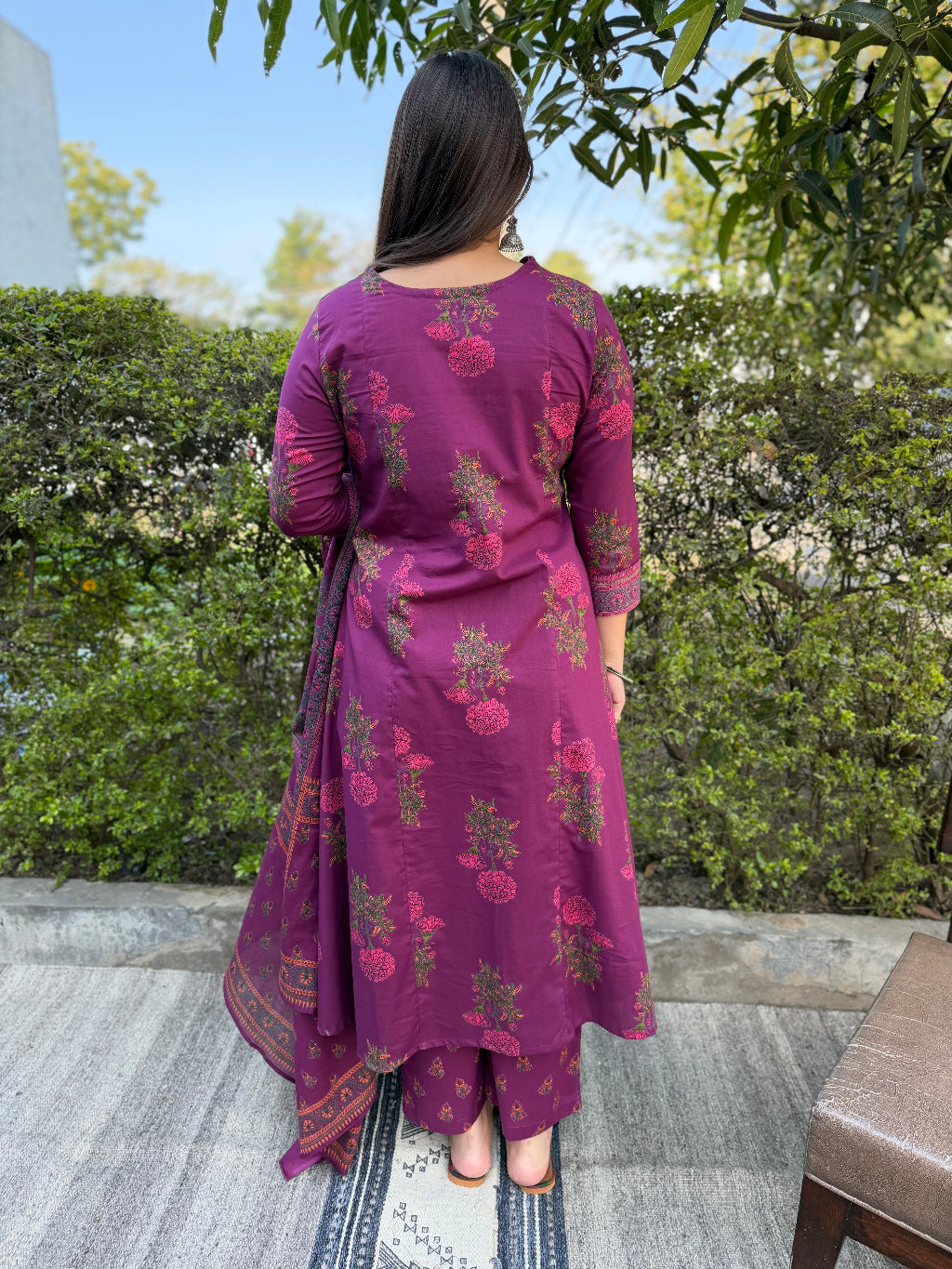 Wine Floral Aline Suit Set from the back by Sanskritam