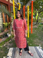 Peach sanganeri kurta with yoke