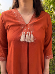 Rust Bloom Tassel A-line Kurta neck detail by Sanskritam