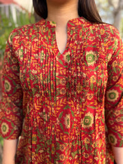 Brick Red floral Sanganeri pintucks top