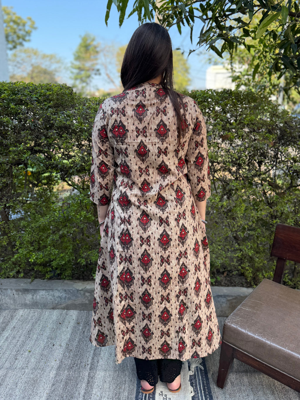 Beige Ikkat Print Aline Kurta from the back by Sanskritam