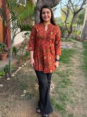 Brick Red floral Sanganeri pintucks top