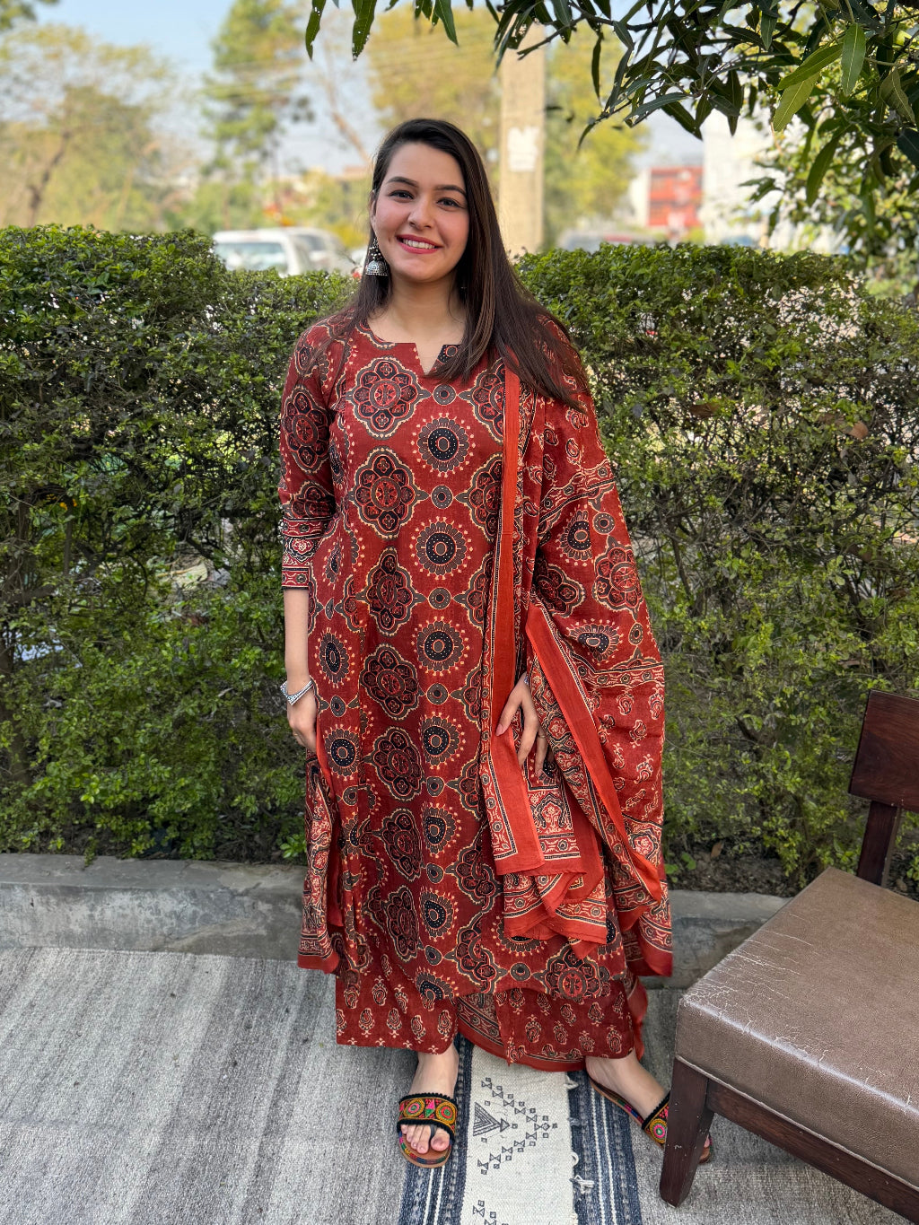 Rust Printed Aline Full Suit Set by MySanskritam