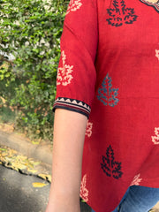 Red V-neck Handblock Leaf Short Kurti