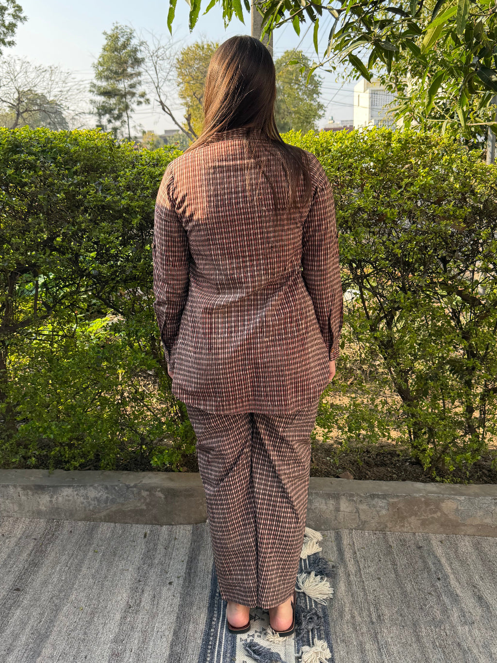 Brown Lines Handblock printed Co ord Set from the back by MySanskritam
