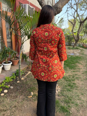 Brick Red floral Sanganeri pintucks top
