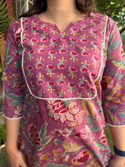 Onion pink floral jaal yoke Kurta