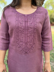 Rose pink embroidered linen kurta