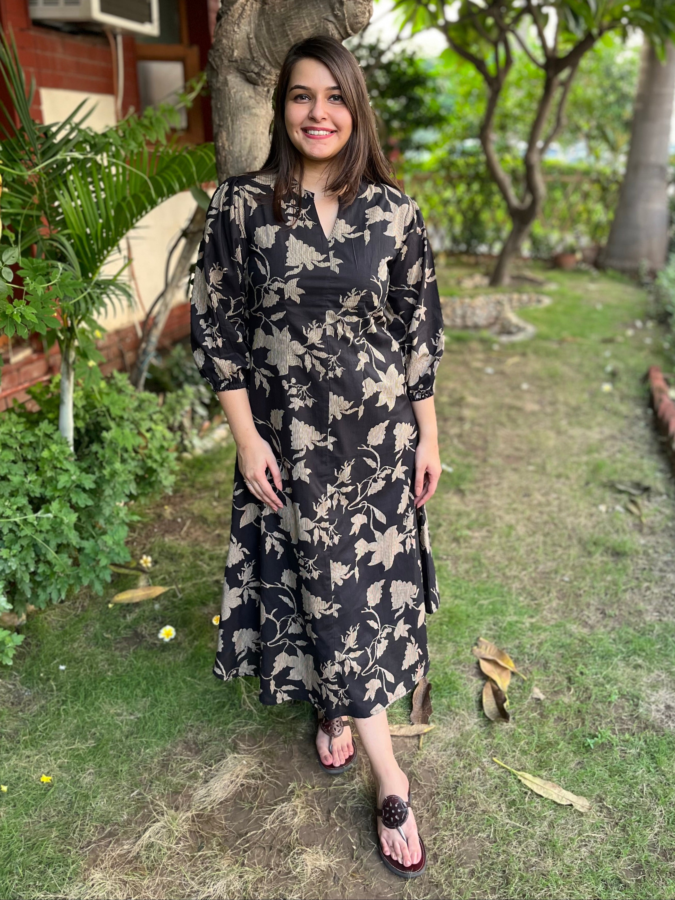 Black Floral dress with pockets - MYSANSKRITAM