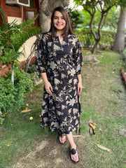 Black Floral dress with pockets - MYSANSKRITAM