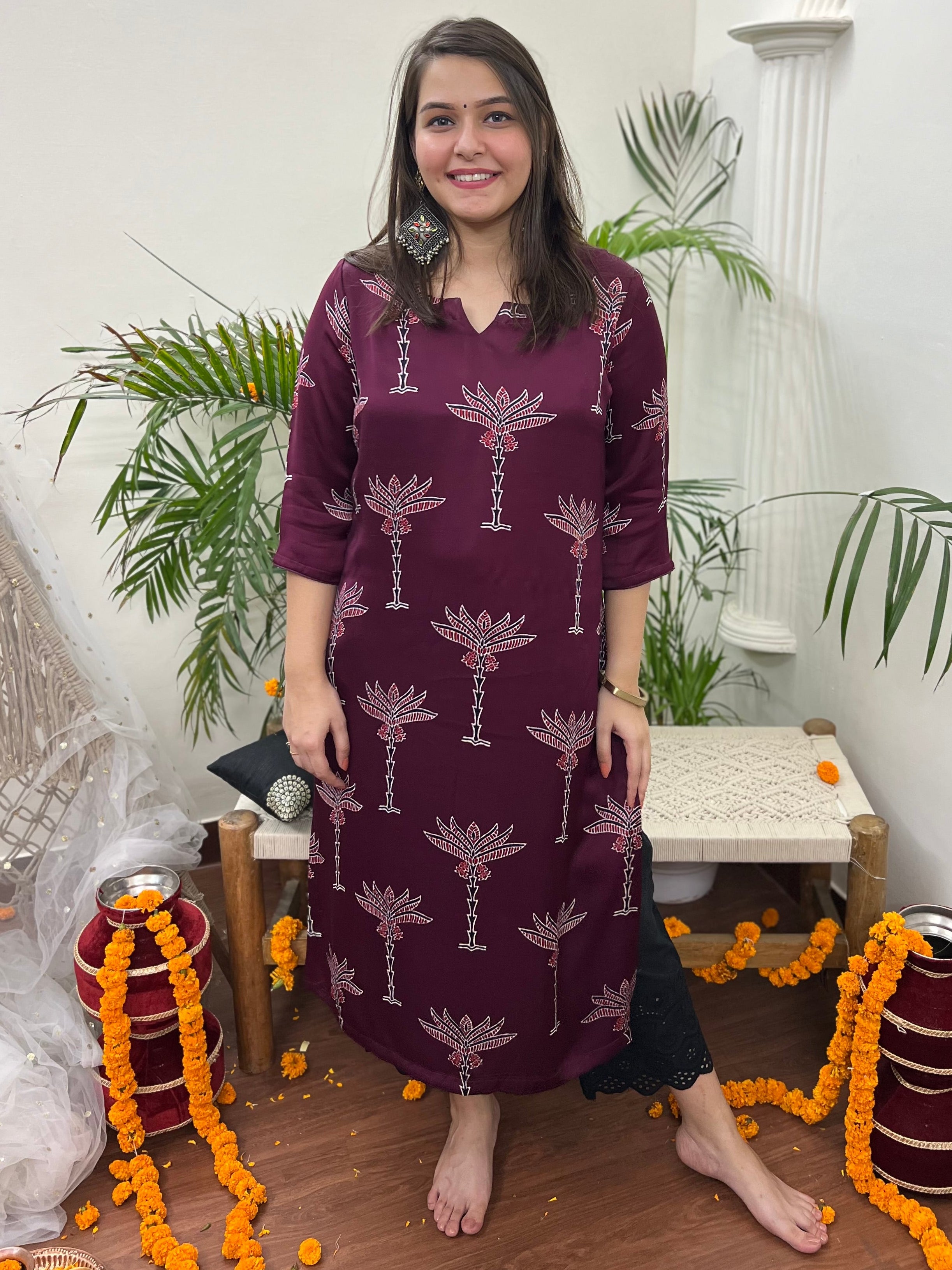 Premium Modal Wine Tree long kurta - MYSANSKRITAM