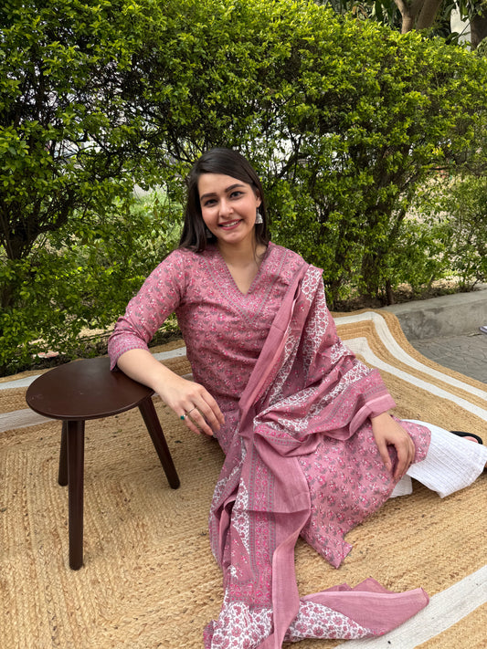 Pink sanganeri V neck kurta duppata set
