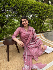 Pink sanganeri V neck kurta duppata set