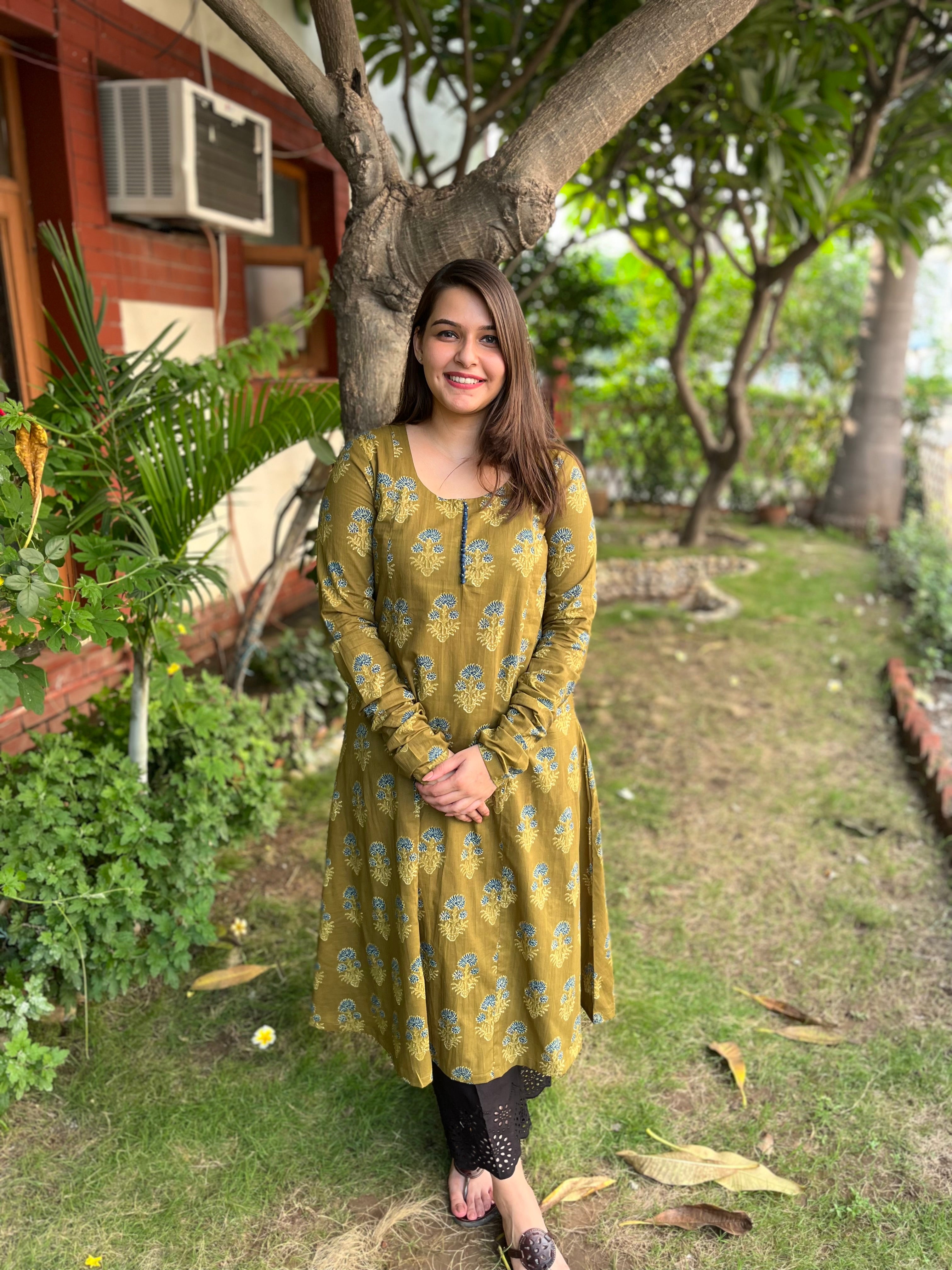 Mehendi green Ajrakh print A-Line Kurta with chudi sleeve - MYSANSKRITAM