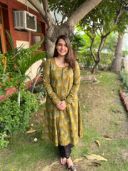 Mehendi green Ajrakh print A-Line Kurta with chudi sleeve - MYSANSKRITAM