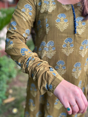 Mehendi green Ajrakh print A-Line Kurta with chudi sleeve - MYSANSKRITAM