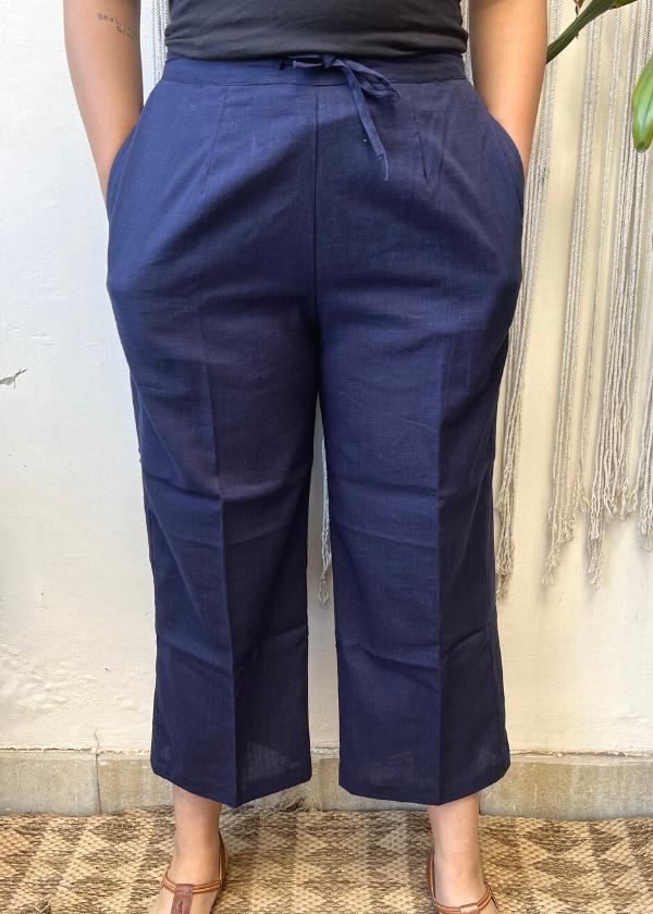 Dark Blue Slub Cotton Pants (37 inches length) - MYSANSKRITAM