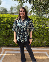 Blue abstract modal silk top