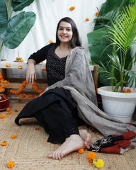 Black Embroidery yoke kurta with linen duppata