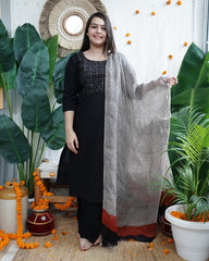 Black Embroidery yoke kurta with linen duppata