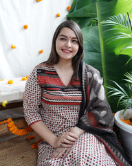 Cream Bindi designer kurta with Linen duppata