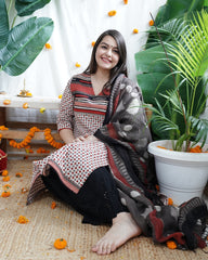 Cream Bindi designer kurta with Linen duppata