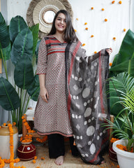 Cream Bindi designer kurta with Linen duppata