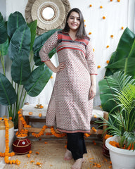 Cream Bindi designer kurta with Linen duppata