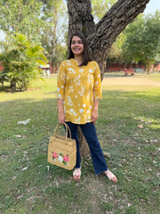 Lemon yellow floral kantha short kurti