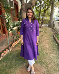Purple embroidered yoke A-line kurta with pockets