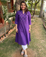 Purple embroidered yoke A-line kurta with pockets