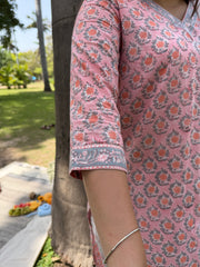 Peach grey floral handblock full suit set