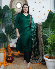 Green Solid Modal Kurta with Bandhani Dupatta