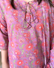 Onion Pink Floral Suit Set neck detail by Sanskritam