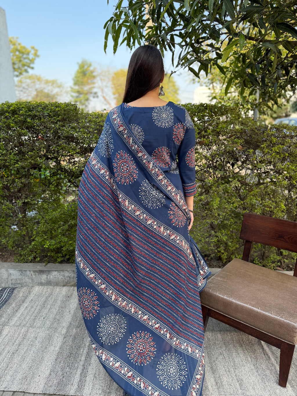 Indigo Big Circle Aline Suit Set from the back by MySanskritam