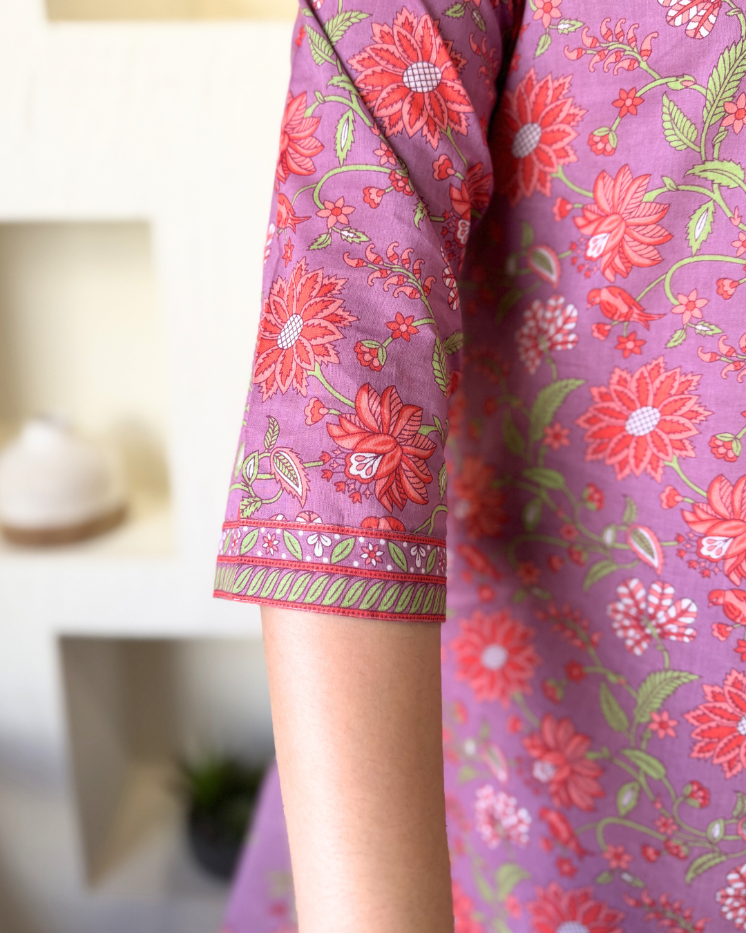Onion Pink Floral Suit Set sleeve detail by Sanskritam