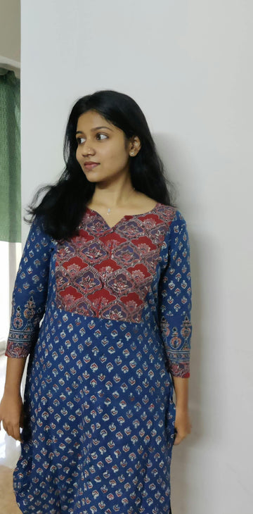 Indigo buti Ajrakh yoke kurta