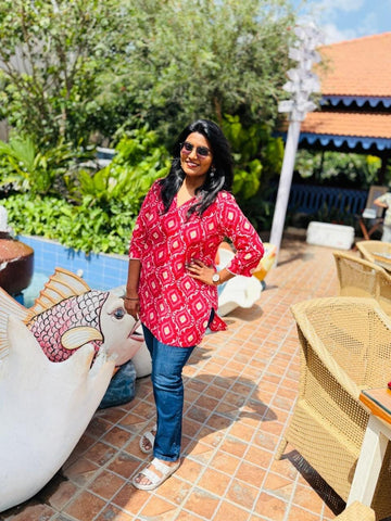 Peach ikkat print kantha kurti