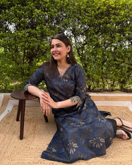 Dark blue overall floral kurta