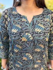 Mud Blue Bagru Kali Kurta close up by Sanskritam