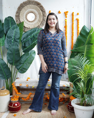 Blue Lotus Handblock Modal Silk Kurti