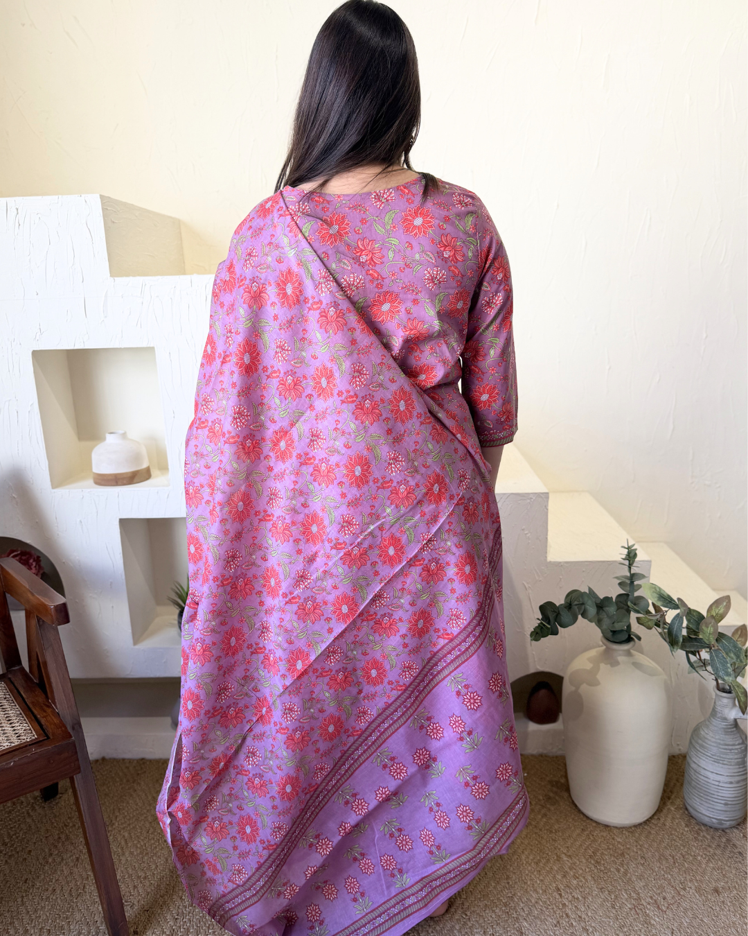 Onion Pink Floral Suit Set from the back by Sanskritam