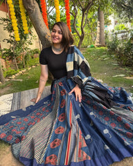 Indigo Multi kali skirt with Ajrakh cotton duppata