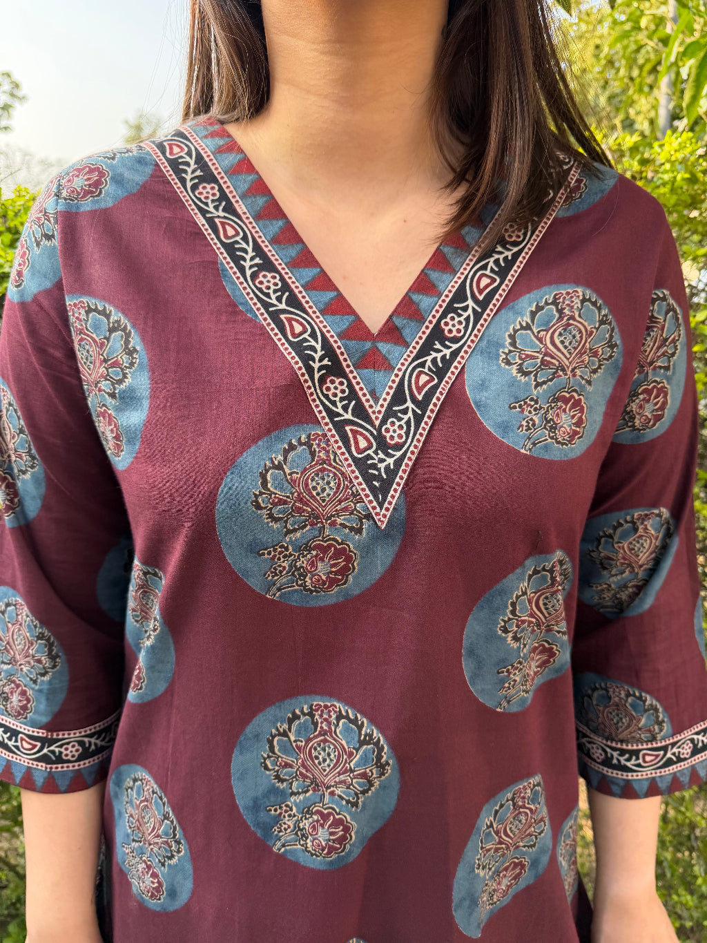 Wine Moonprint Co-ord Set neck detail by Sanskritam