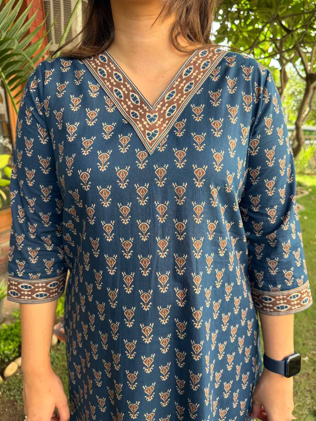 Dark Blue Buti V-neck Kurta neck design by MySanskritam