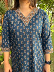 Dark Blue Buti V-neck Kurta neck design by MySanskritam