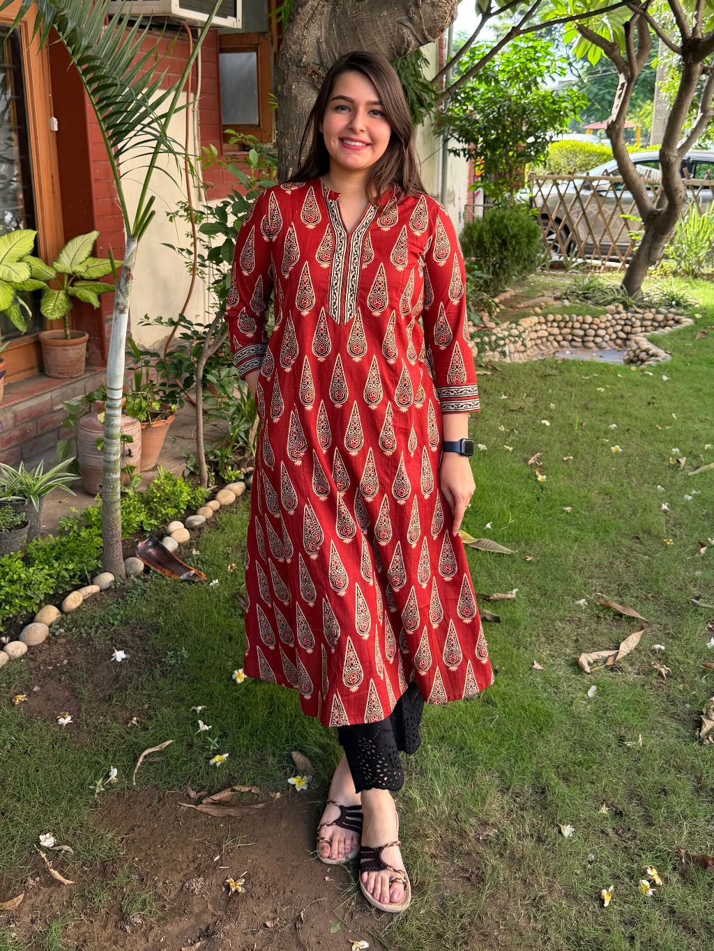 Maroon Leaf A-line Kurta with Pocket by MySanskritam