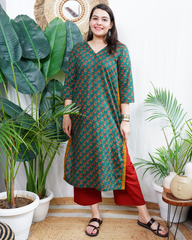 Bottle green Sanganeri kurta duppata set