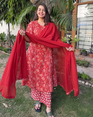 Red Sanganeri Aline full suit set